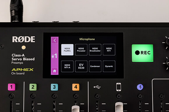 RØDECaster Pro microphone selection screen with RØDE PodMic selected