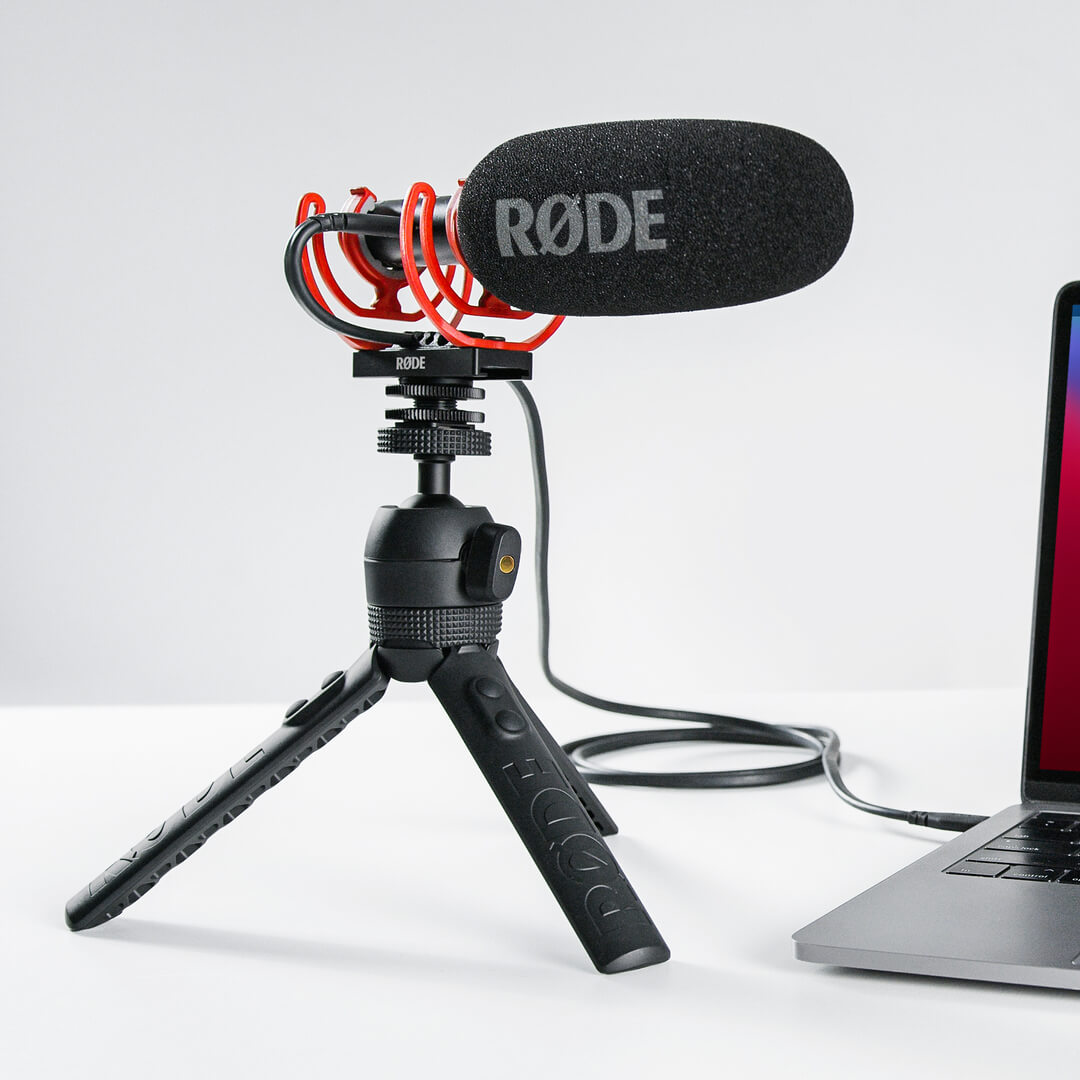 VideoMic NTG on Tripod 2 connected to laptop