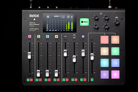 RØDECaster Pro channels Mic 1, USB, Smartphone, Bluetooth and Sound Pads turned up
