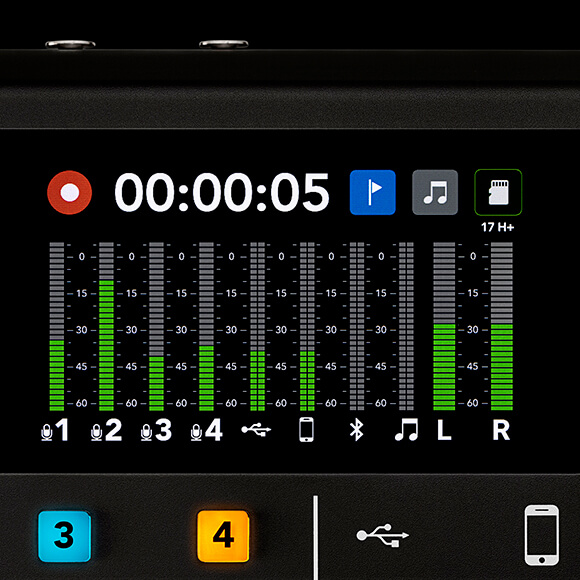RØDECaster Pro home screen with recording active and levels showing