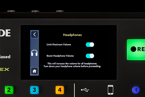 RØDECaster Pro Headphones menu with Limit Maximum Volume and Boost Headphone Volume enabled