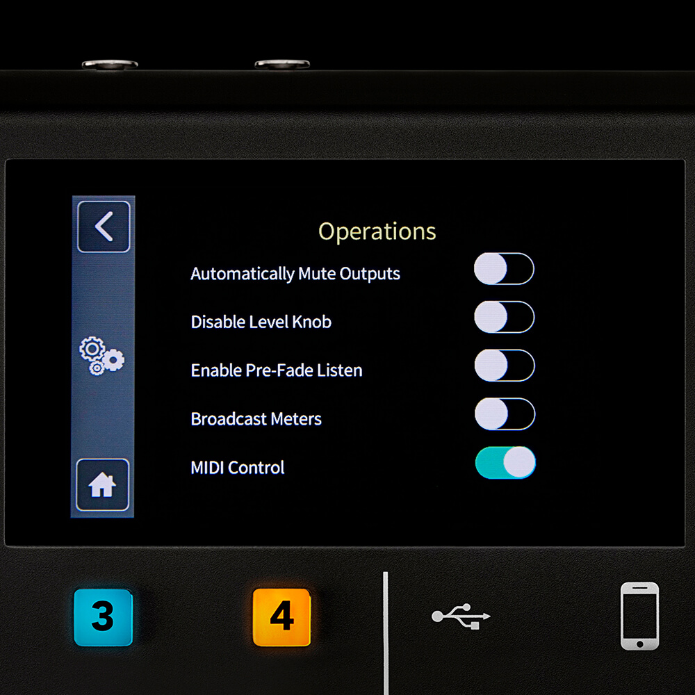 RØDECaster Pro Operations menu with MIDI Control enabled