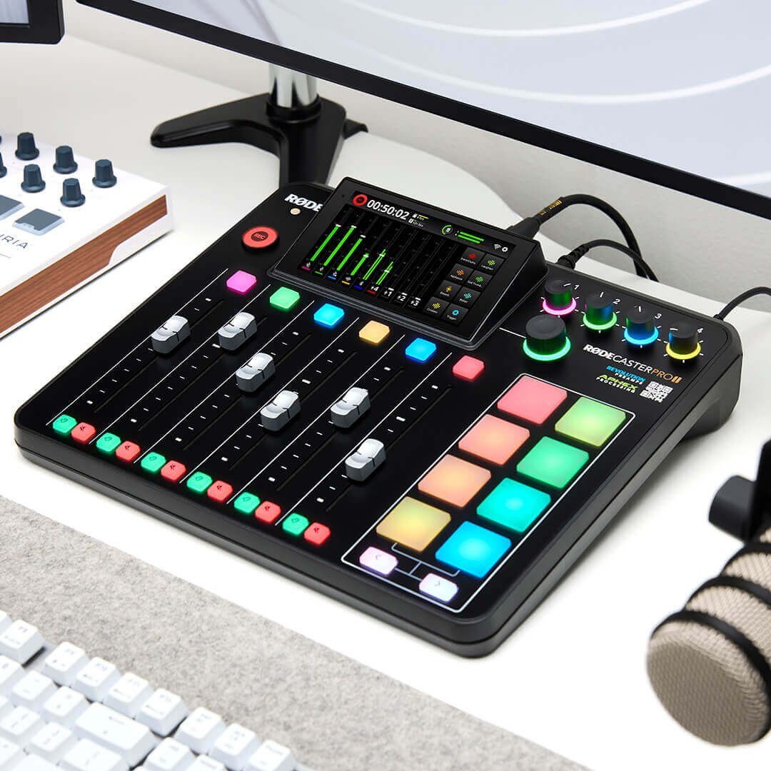 RØDECaster Pro II on white desk connected to computer