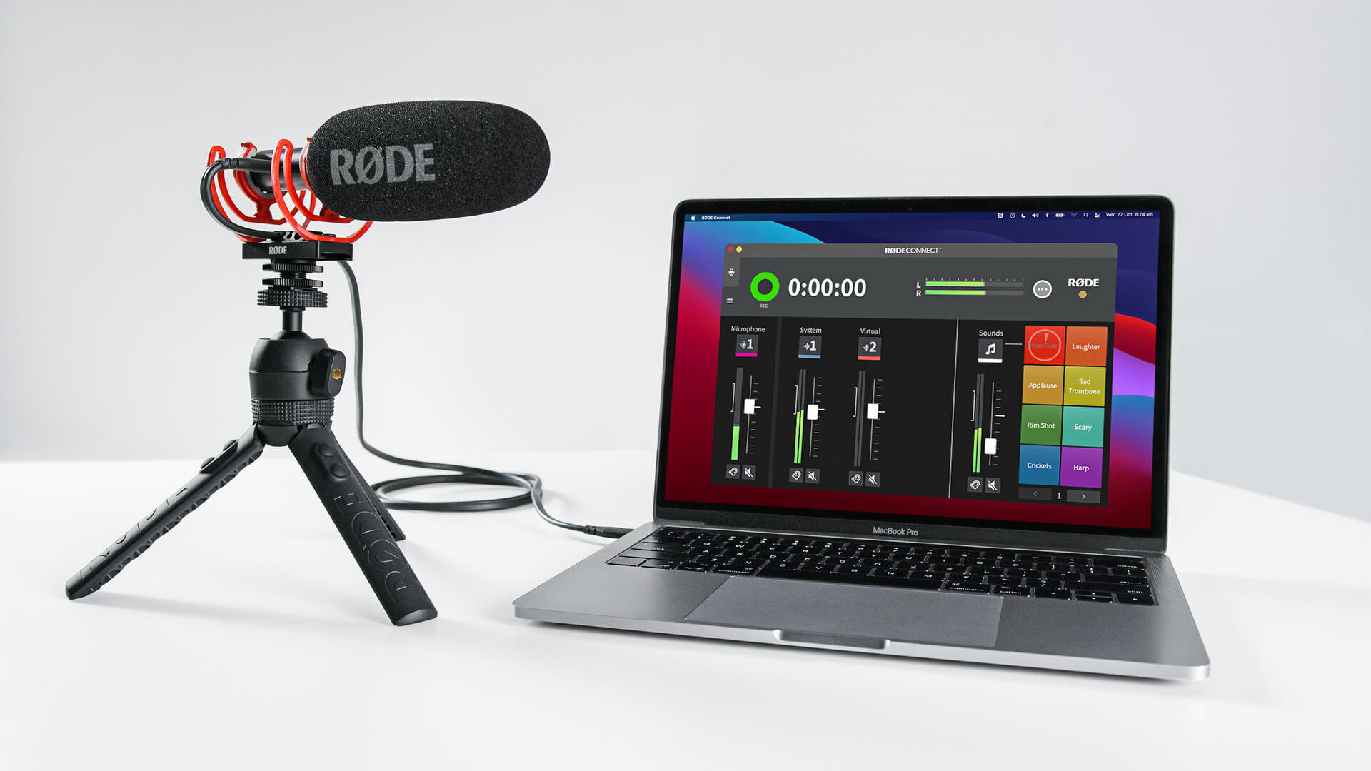 VideoMic NTG on Tripod 2 connected to MacBook Pro showing RØDE Connect