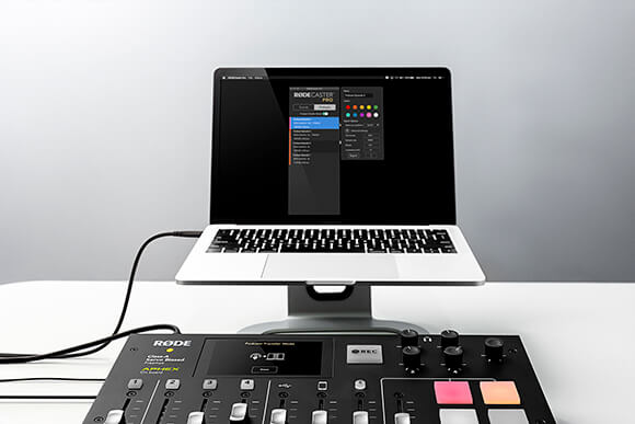RØDECaster Pro connected to MacBook Pro via USB showing RØDECaster Pro Companion App