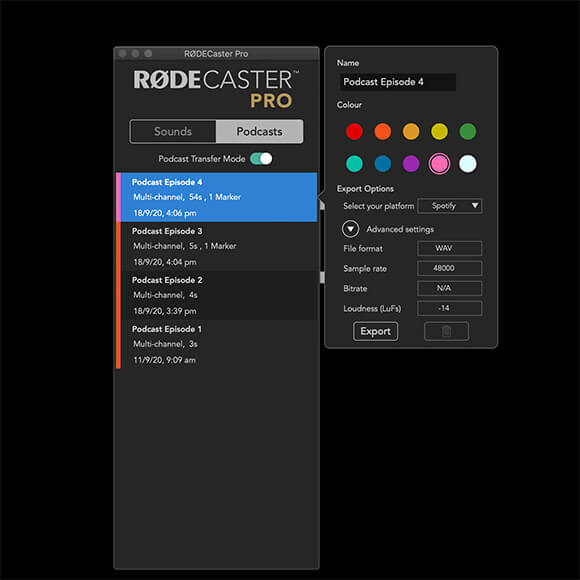 Screenshot of the RODECaster Pro Companion app with Exporting options displayed.