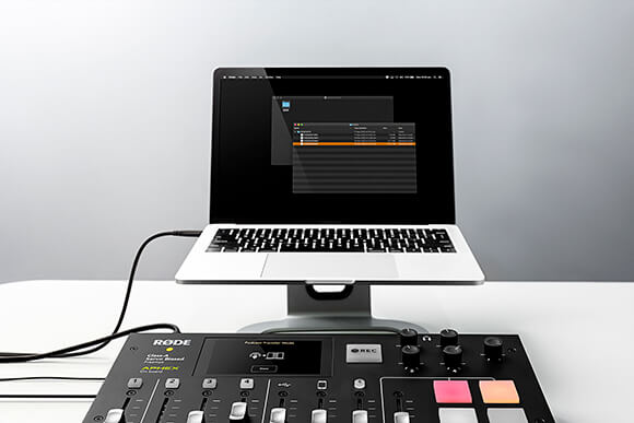 RØDECaster Pro connected via USB to computer with audio files on screen