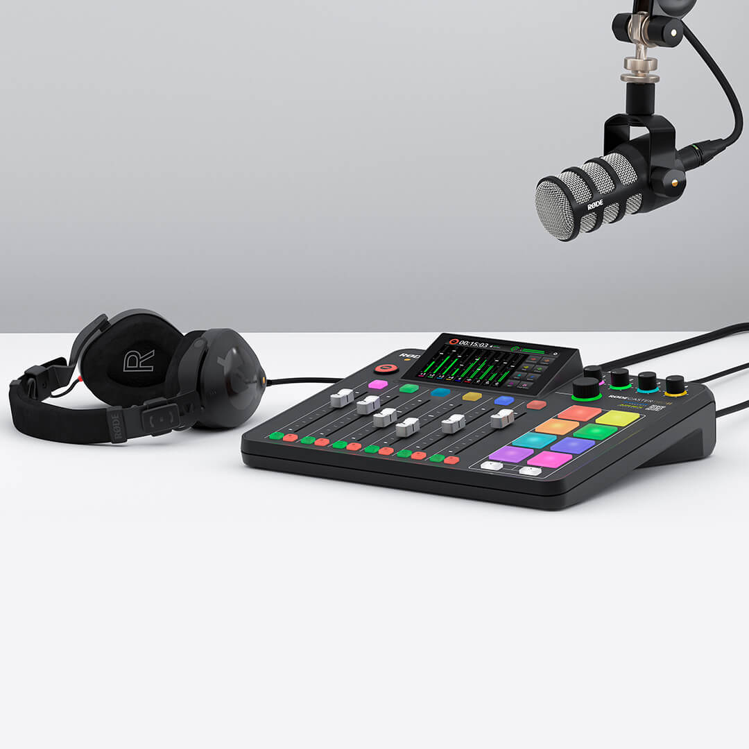RØDECaster Pro II on white desk with NTH-100 and PodMic