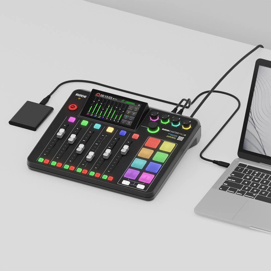 RØDECaster Pro II with external hard drive and MacBook Pro connected