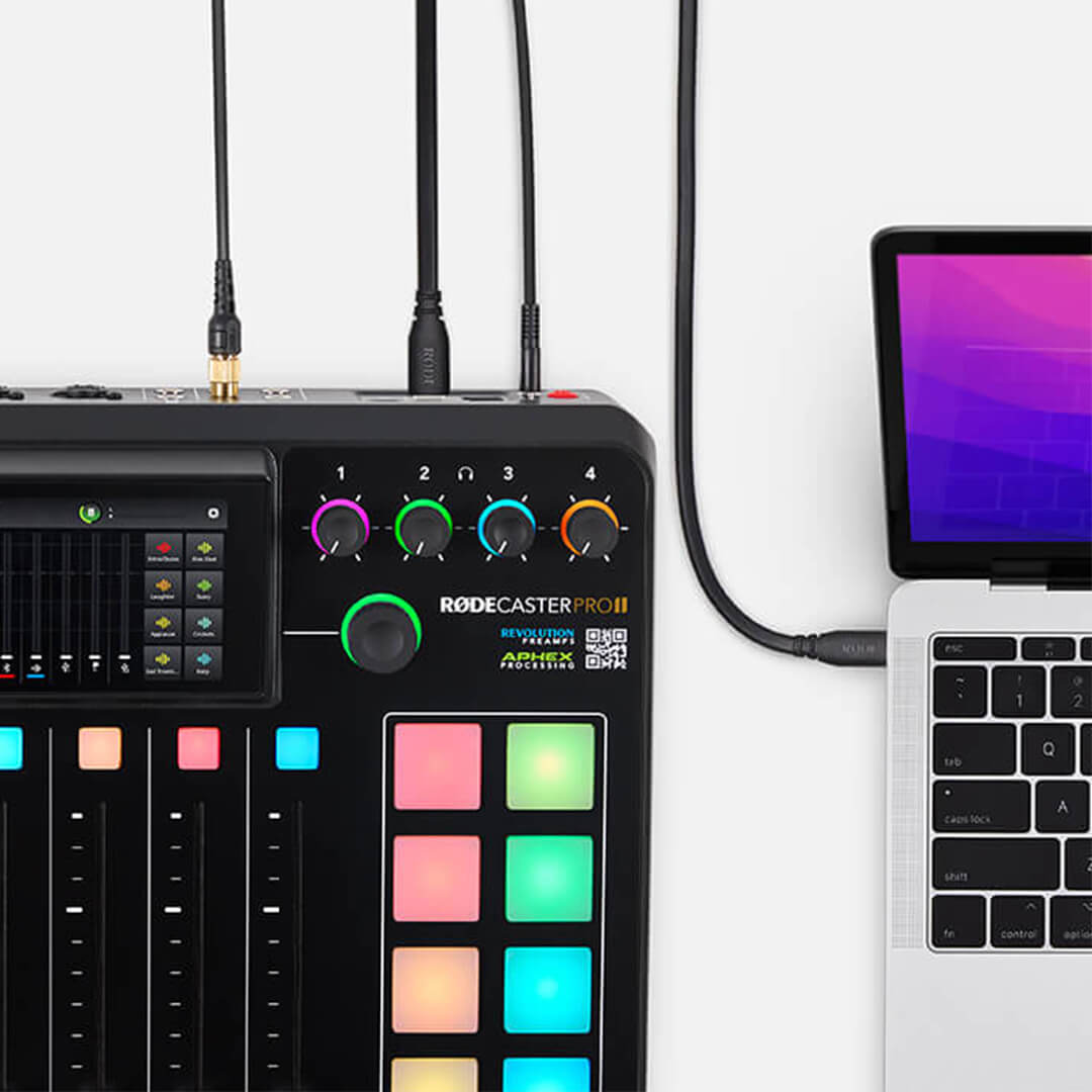 RØDECaster Pro II connected to MacBook Pro via USB