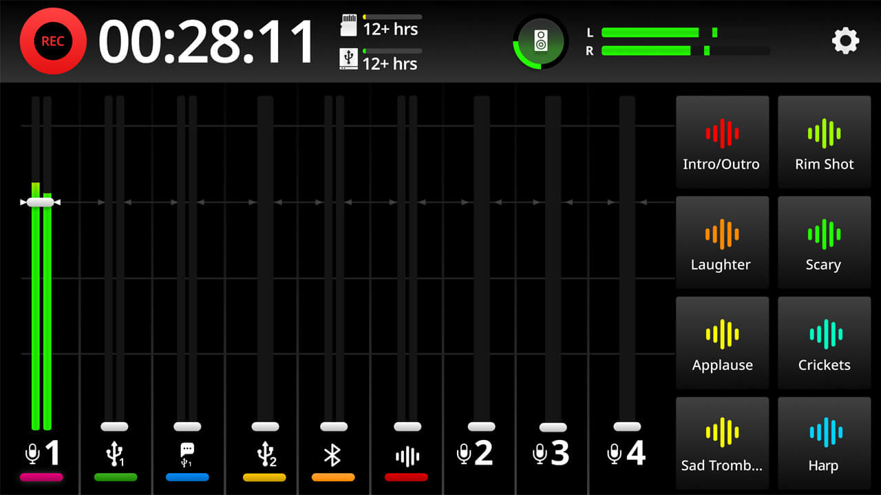 RØDECaster Pro II screen showing signal on microphone channel 1 with record button turned red