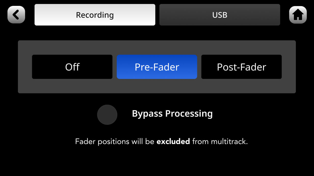 RØDECaster Pro II multitrack settings with Pre-Fader selected