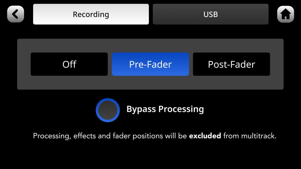 RØDECaster Pro II multitrack settings on Pre-Fader with Bypass Processing enabled