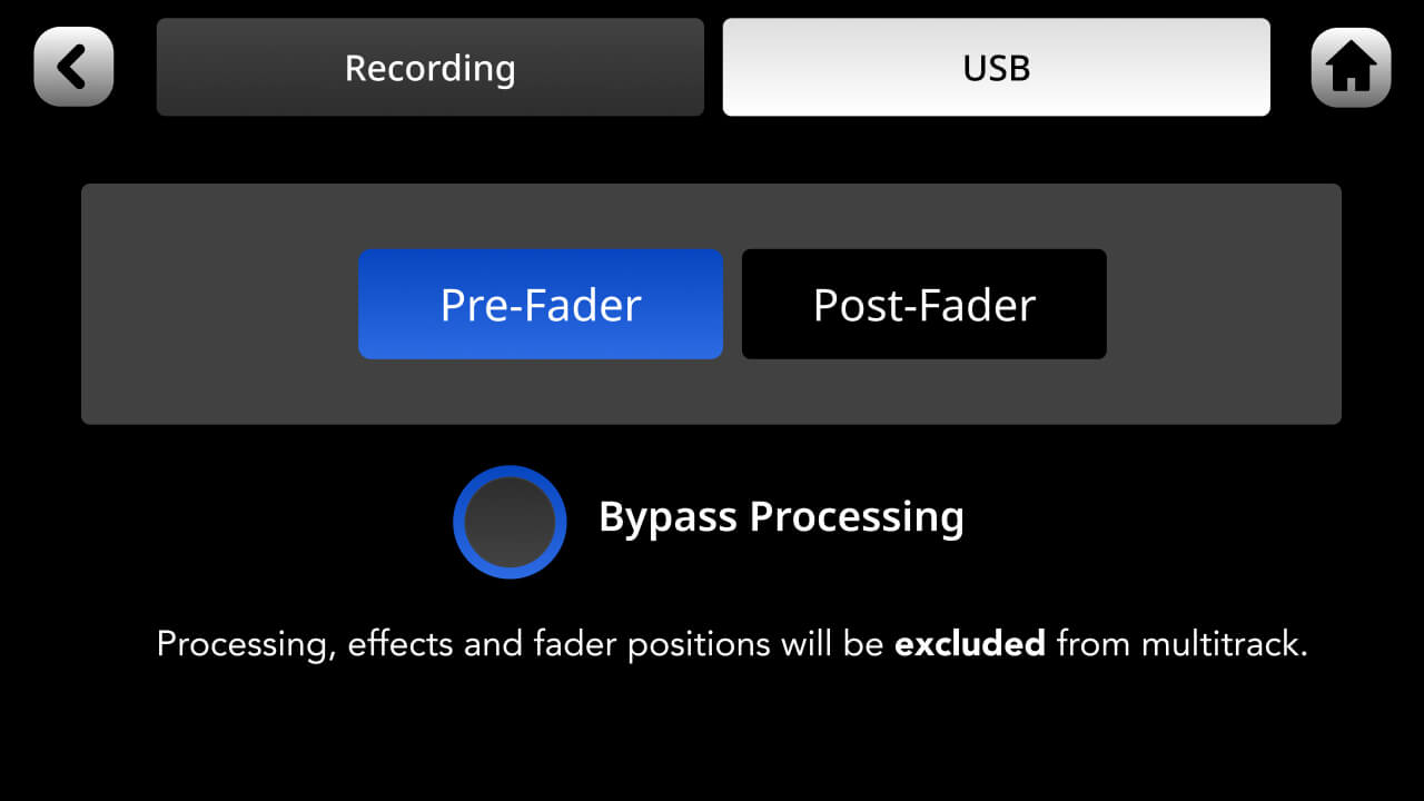 RØDECaster Pro II multitrack settings on Pre-Fader with Bypass Processing enabled