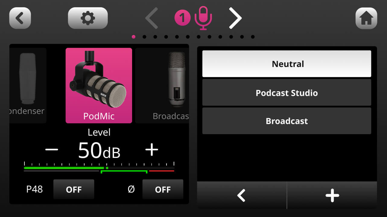 RØDECaster Pro II processing interface screen with PodMic and Neutral selected
