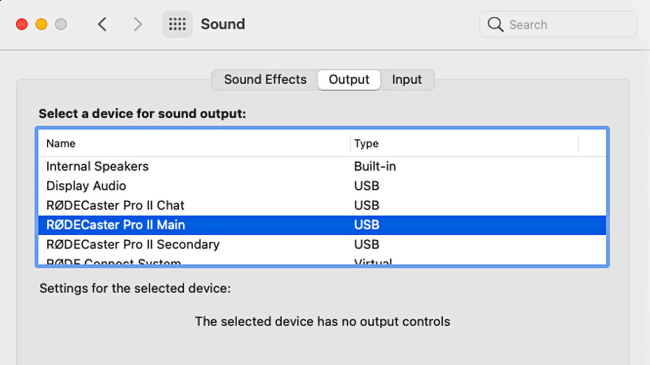 MacOS audio settings showing RØDECaster Pro II Main selected as output