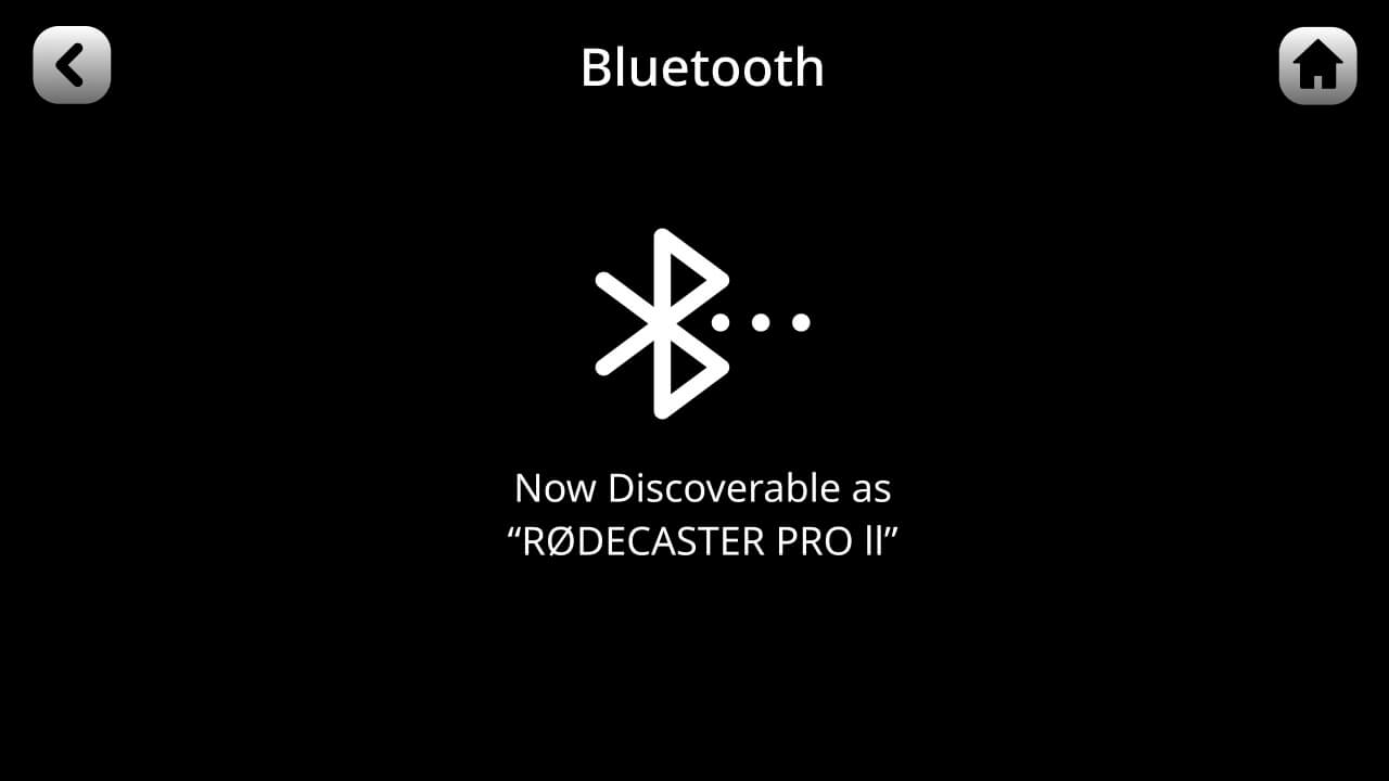 RØDECaster Pro II Bluetooth screen showing Now Discoverable as "RØDECaster Pro II"