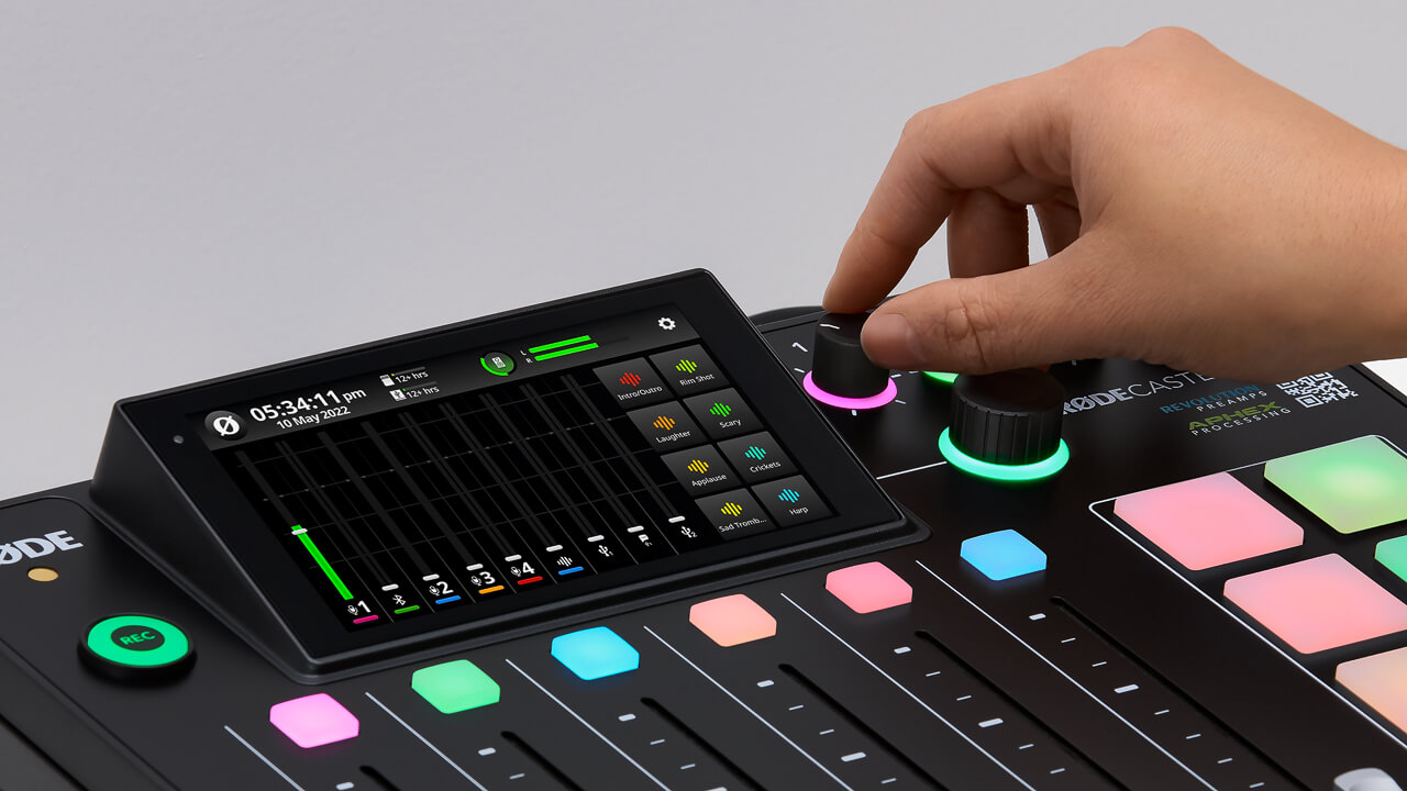 RØDECaster Pro II on white desk with NTH-100 and PodMic