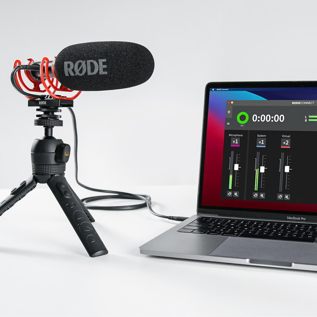 VideoMic NTG on Tripod 2 connected to MacBook showing RØDE Connect