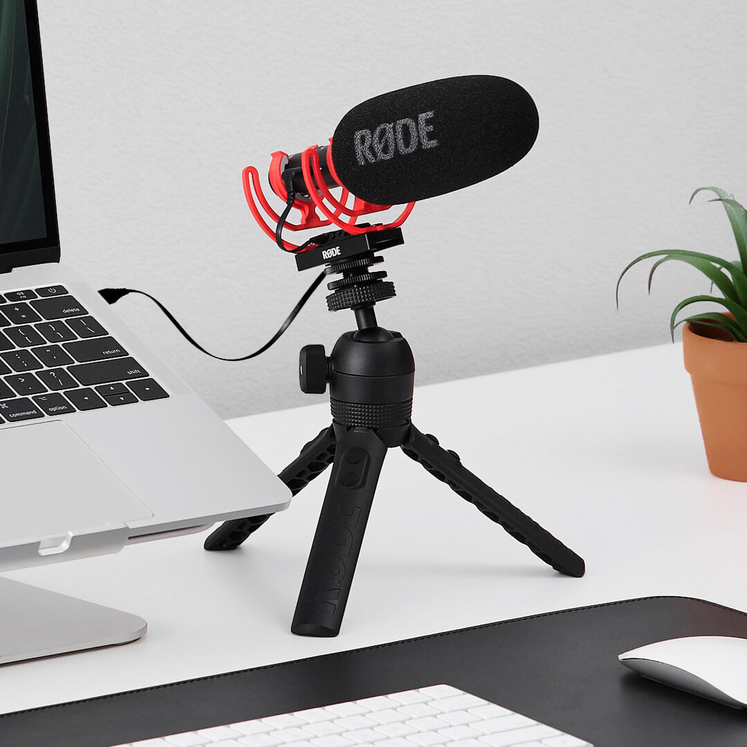 VideoMic NTG on Tripod 2 connected to laptop
