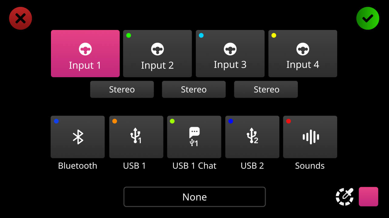 RØDECaster Pro II channel assignment screen with Input 1 selected