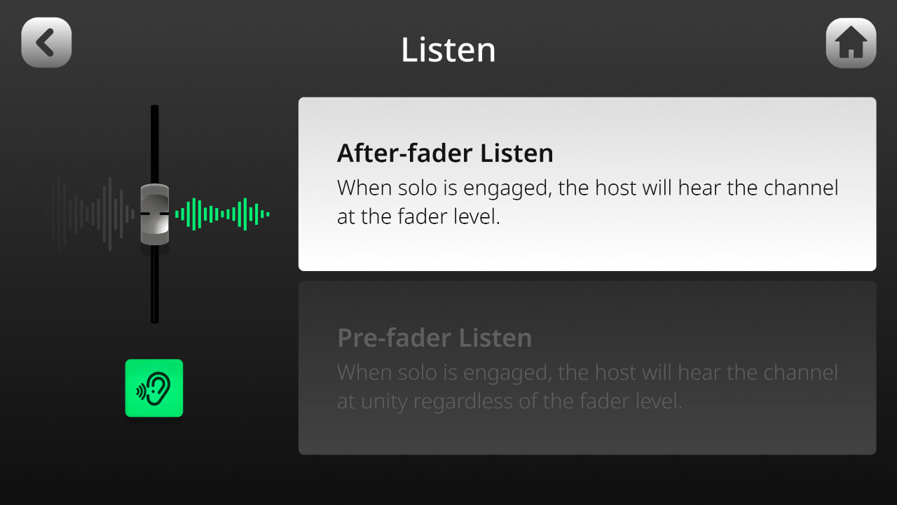 RØDECaster Pro II screen showing option for After-fader or Pre-fader Listen