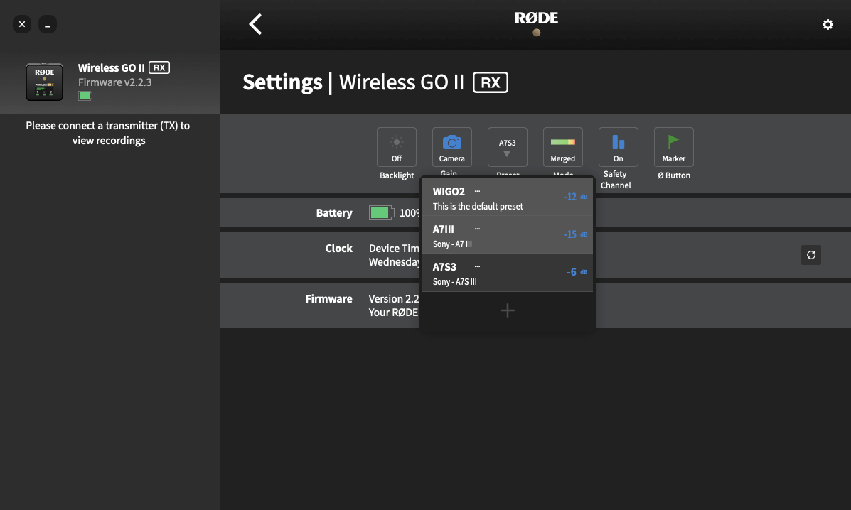 RØDE Central Wireless GO II RX settings