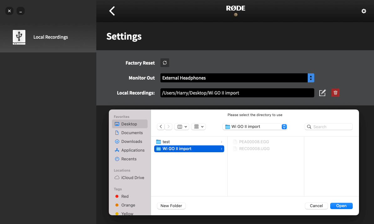 RØDE Central Wireless GO II file import settings