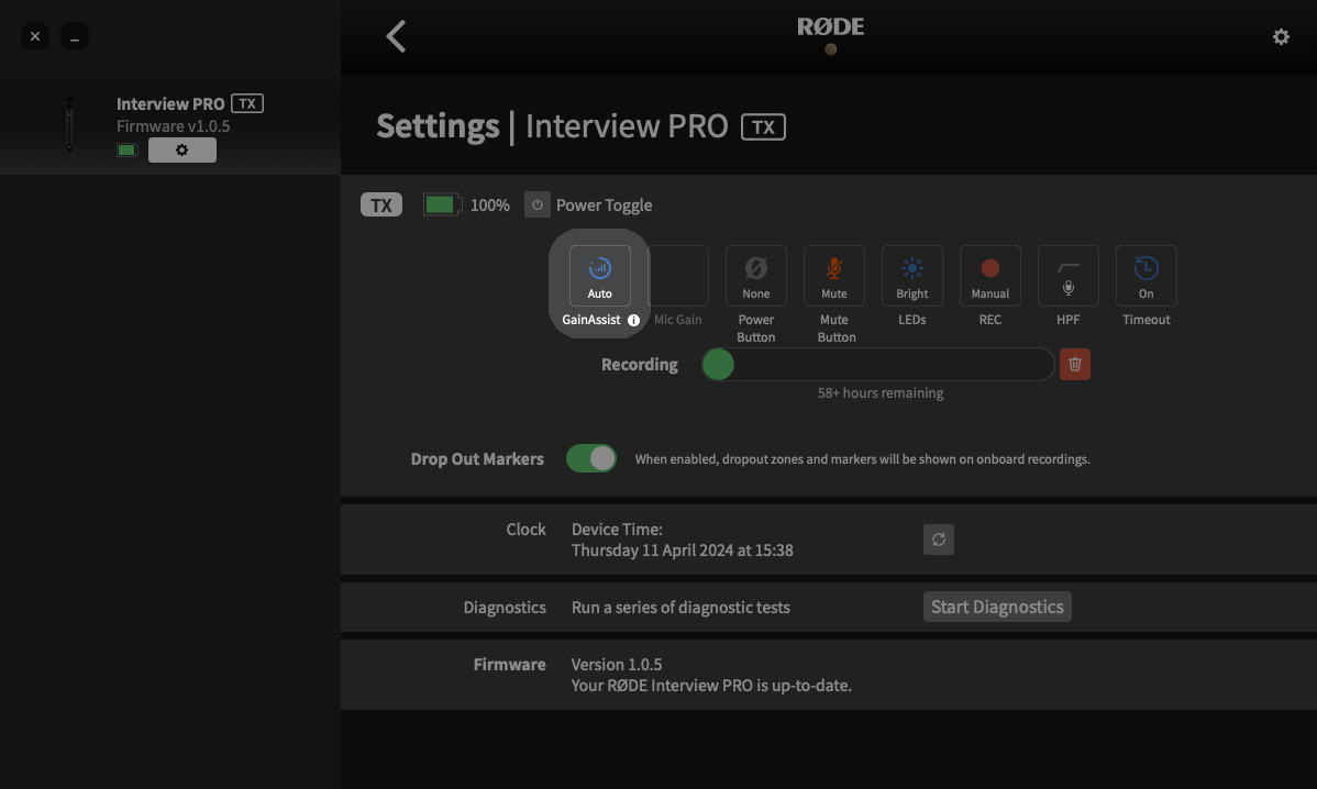 Interview PRO settings in RØDE Central