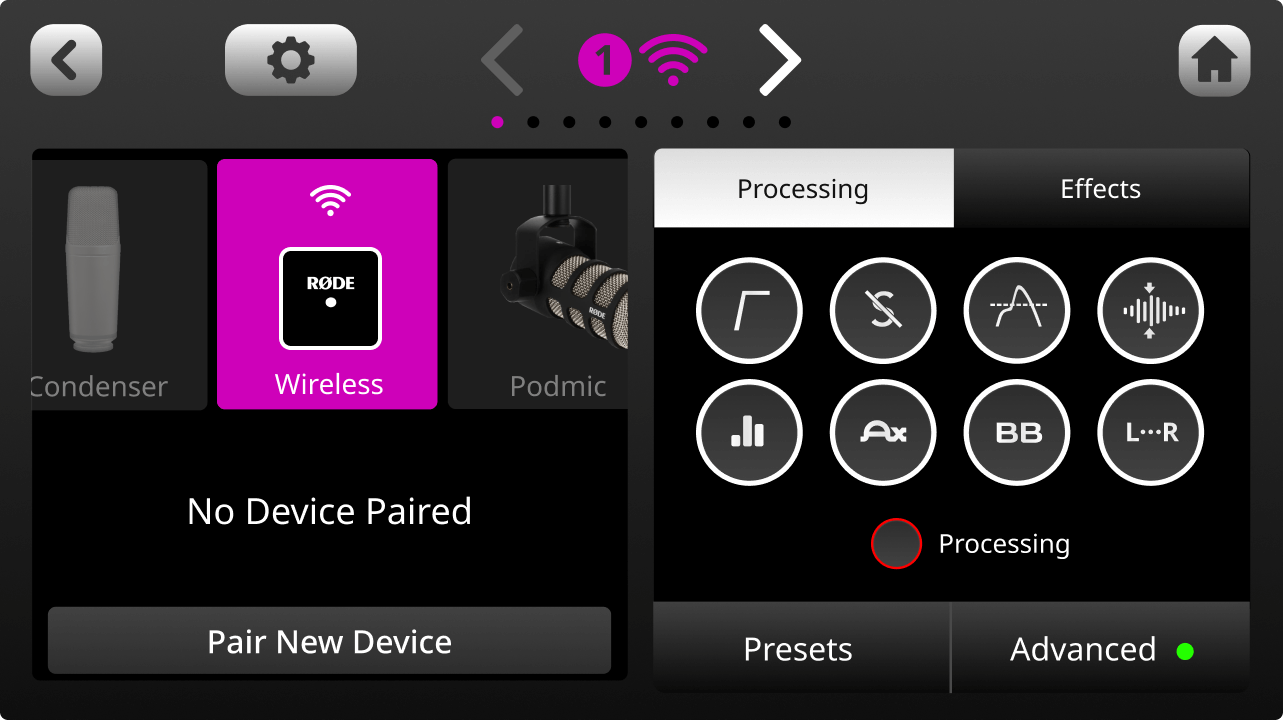 RØDECaster screen showing Wireless RØDE product connected