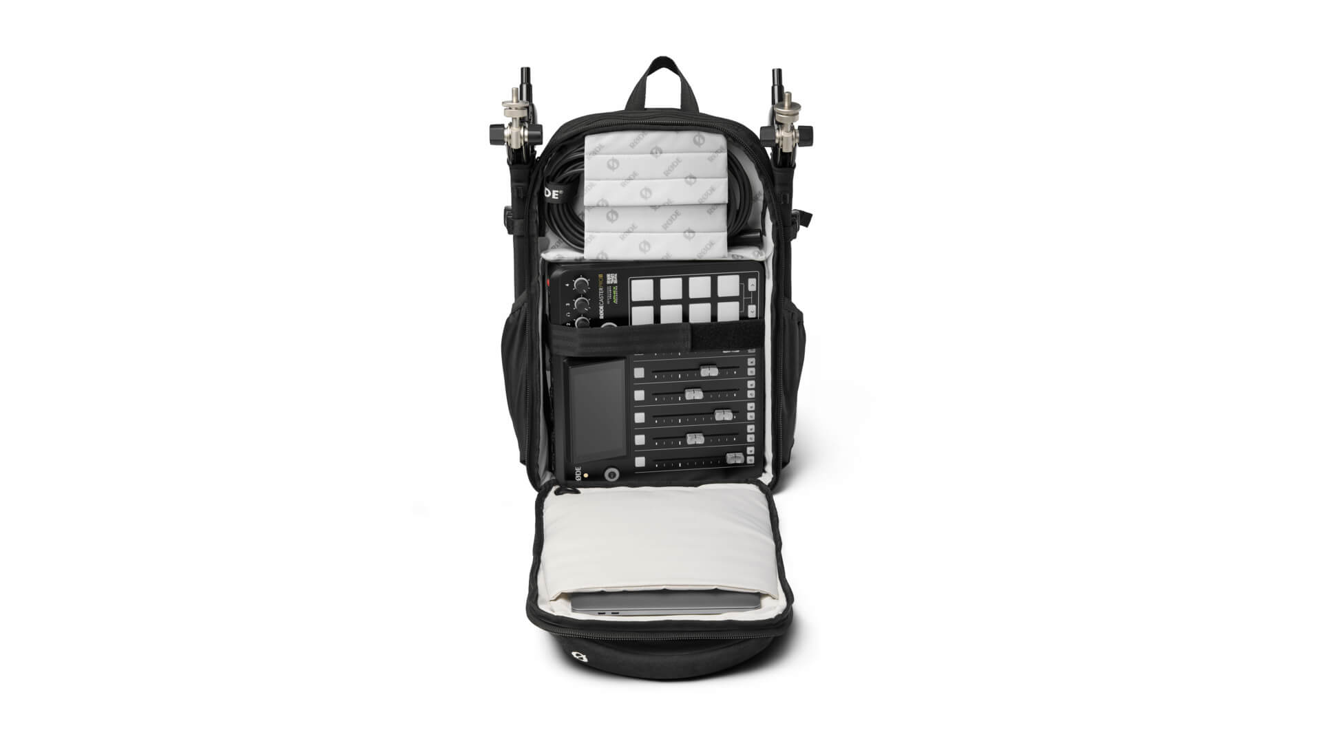 Backpack with RØDECaster Pro II on white background