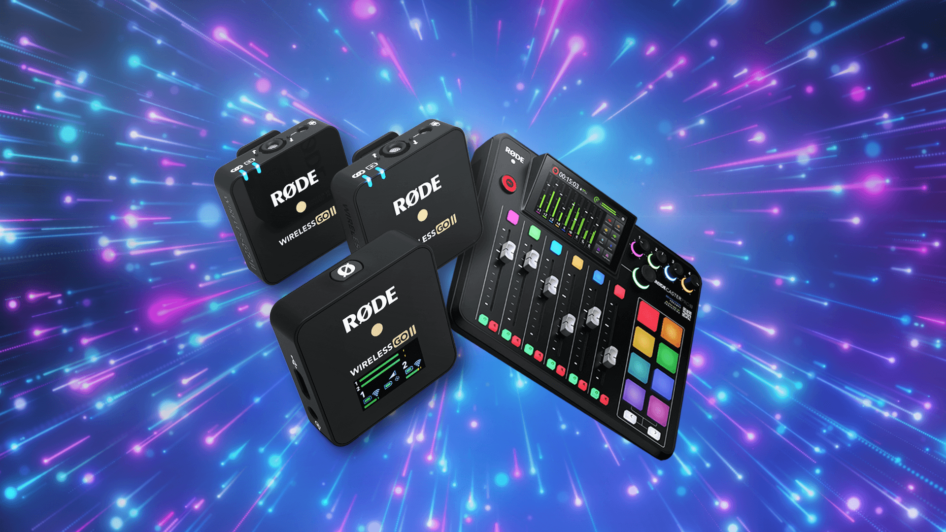 RØDECaster Pro II and Wireless ME on fireworks background