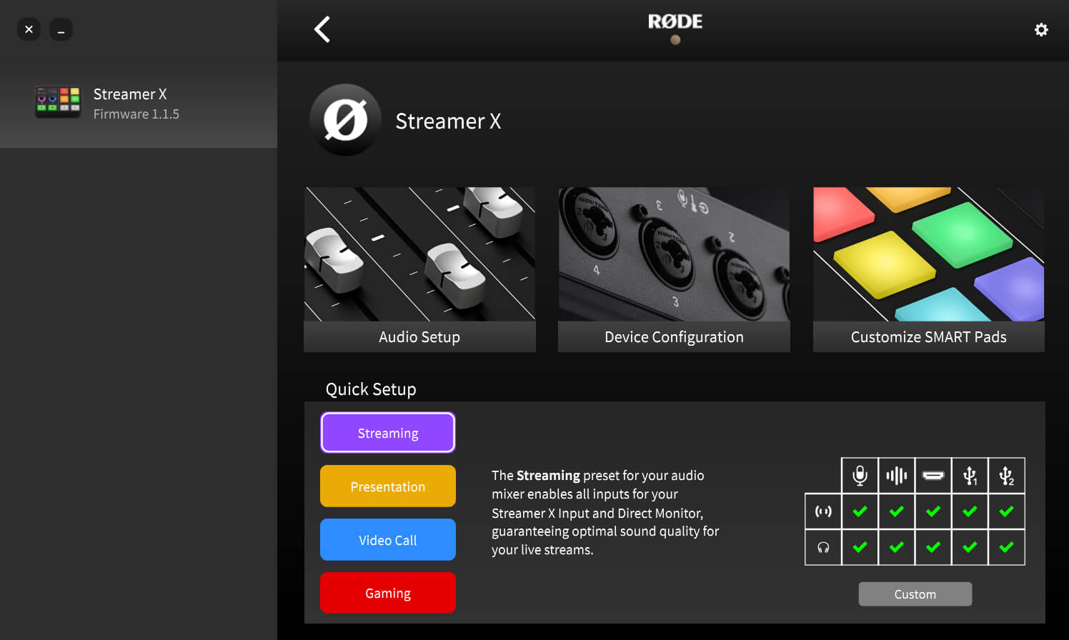 Streamer X connected to RØDE Central