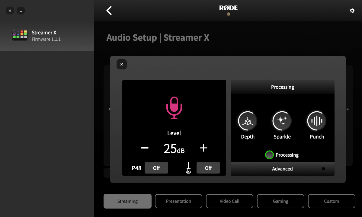 Audio processing in RØDE Central for Streamer X