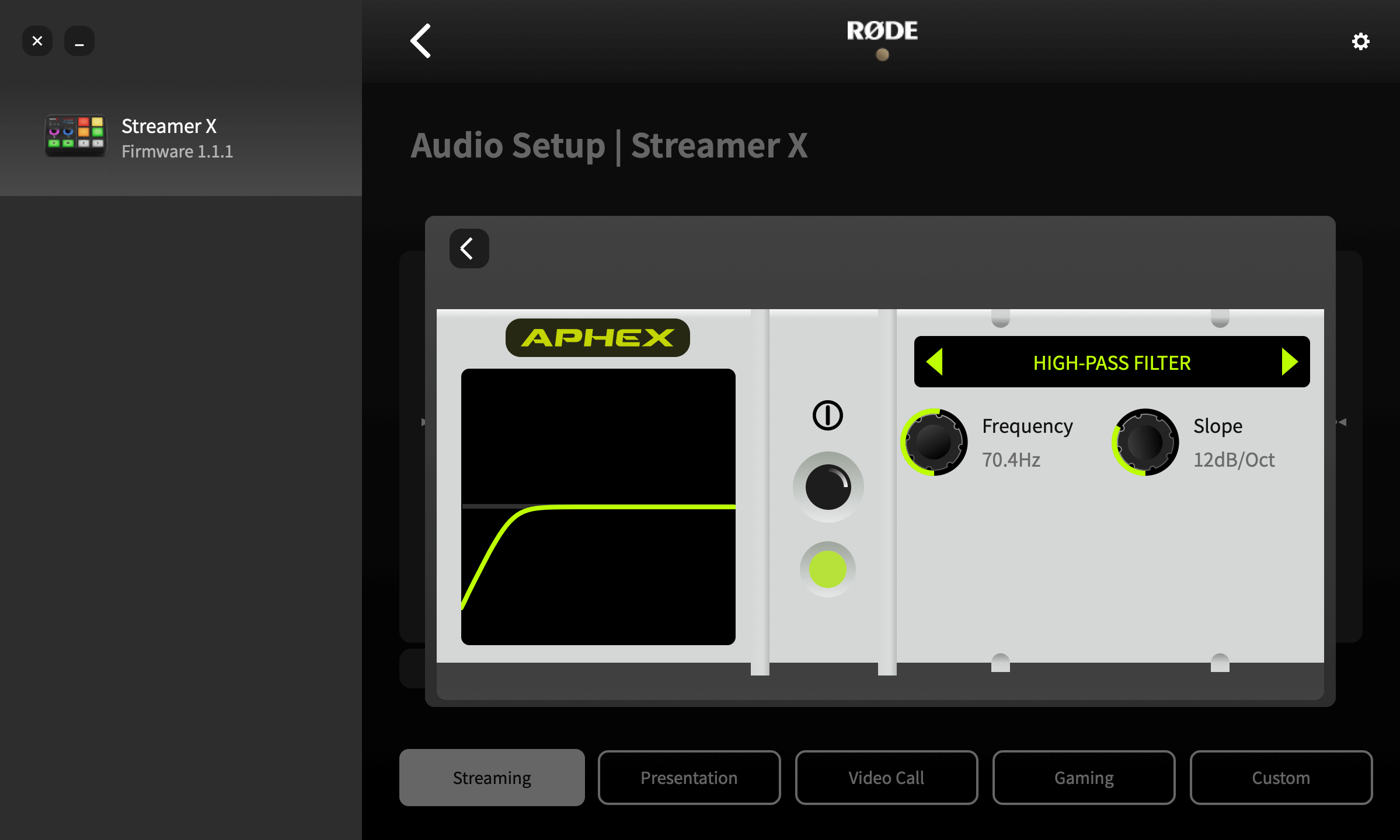 RØDE Central showing Streamer X high-pass filter settings