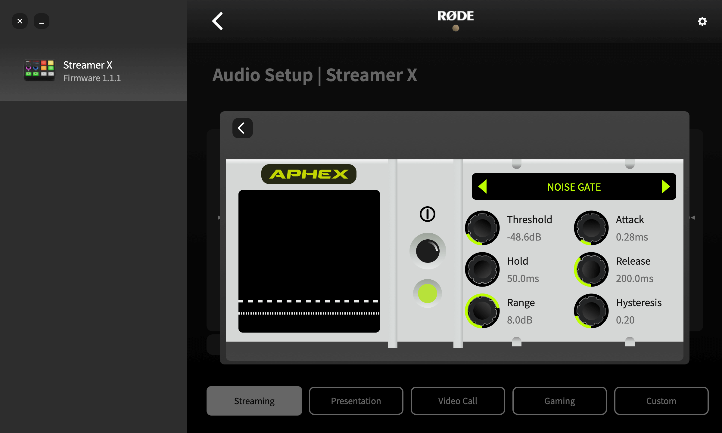 RØDE Central showing Streamer X noise gate settings