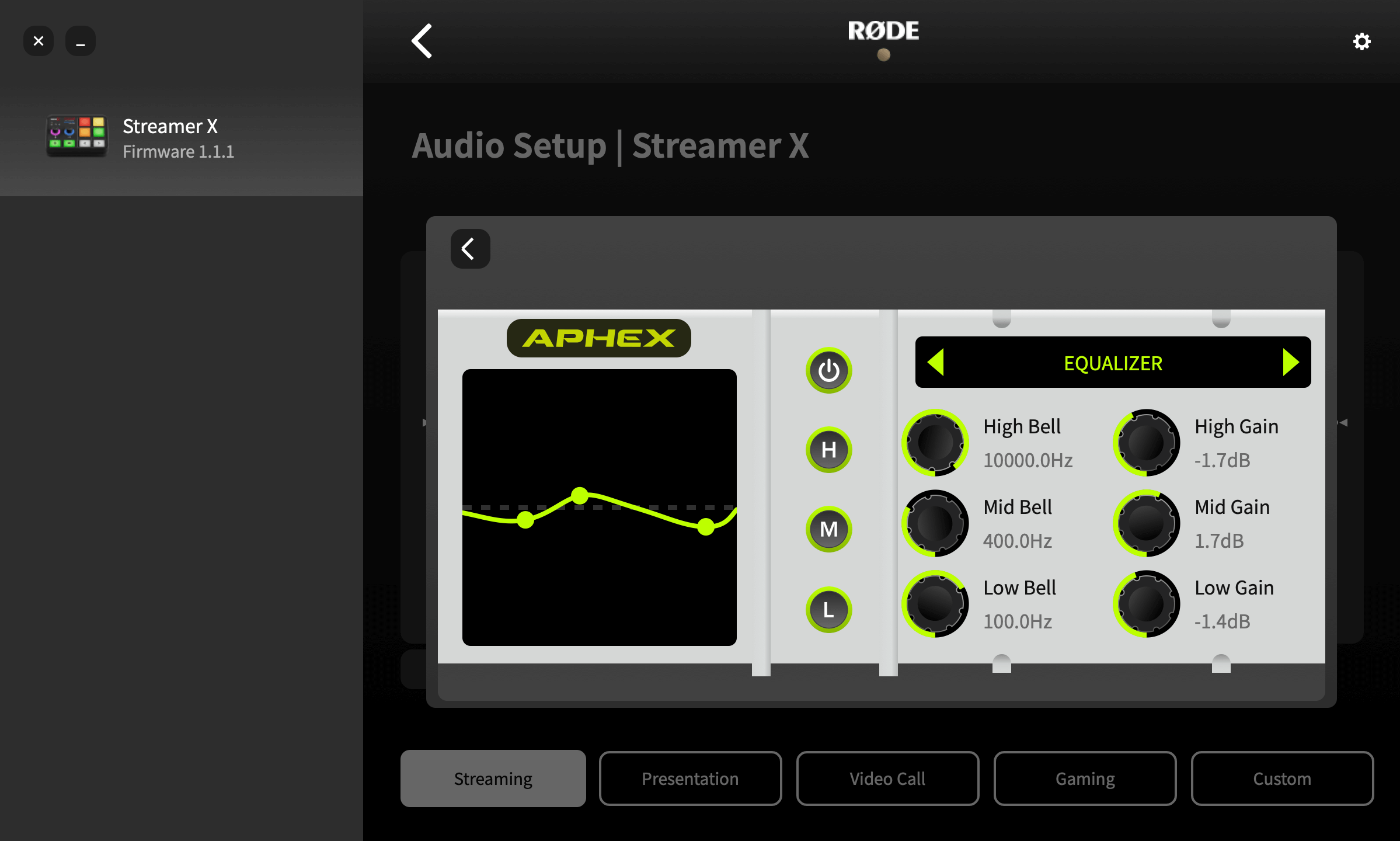 RØDE Central showing Streamer X EQ settings