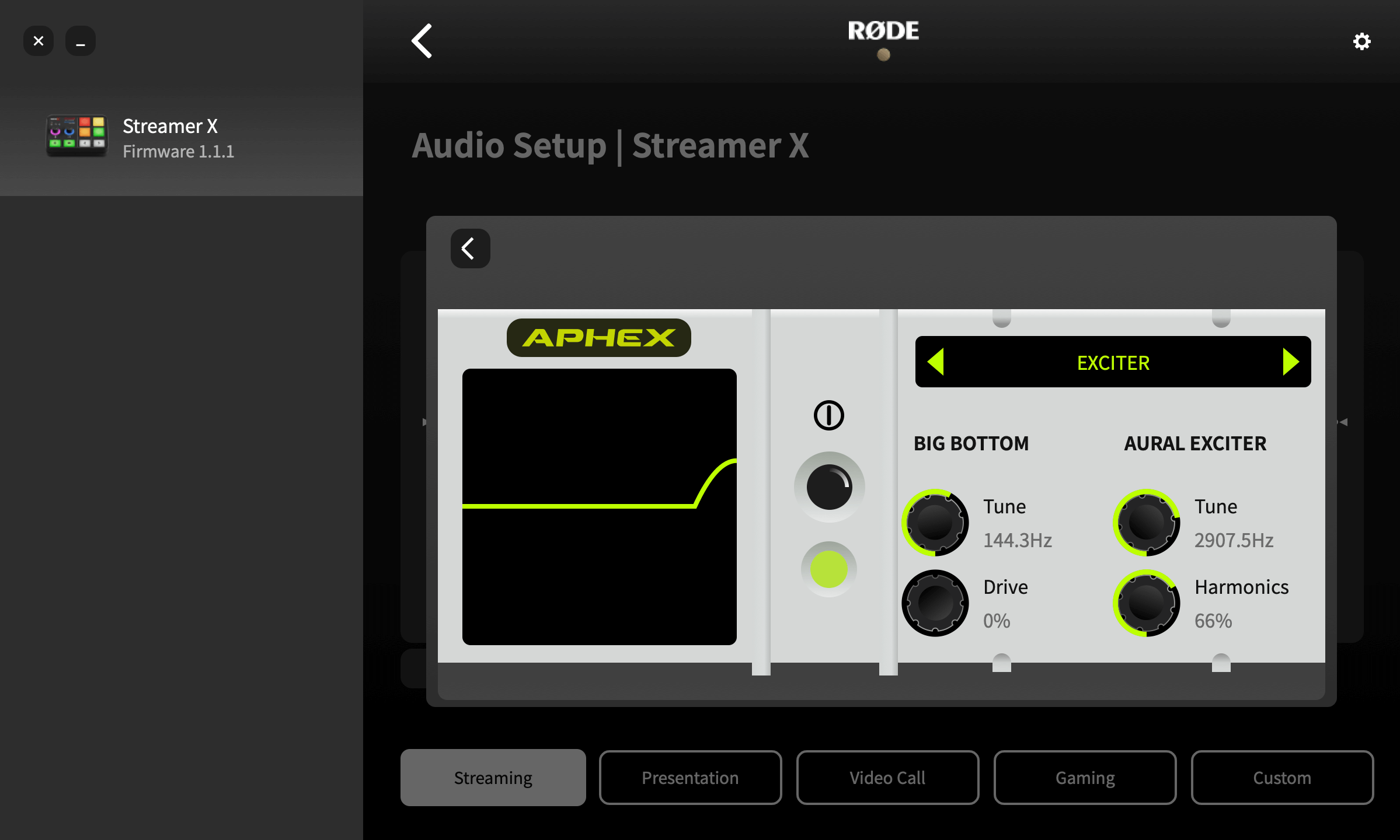 RØDE Central showing Streamer X aural exciter settings