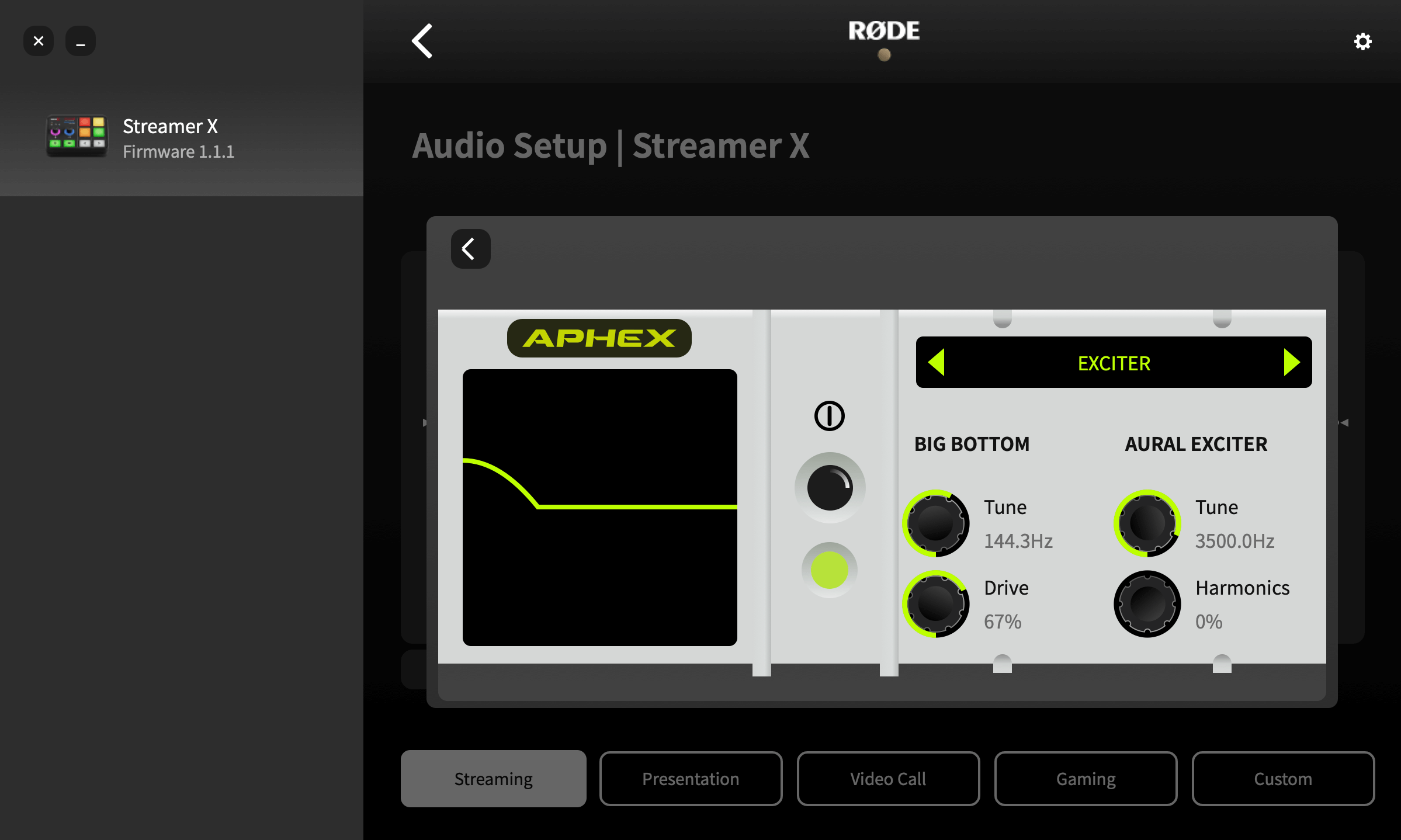 RØDE Central showing Streamer X big bottom settings