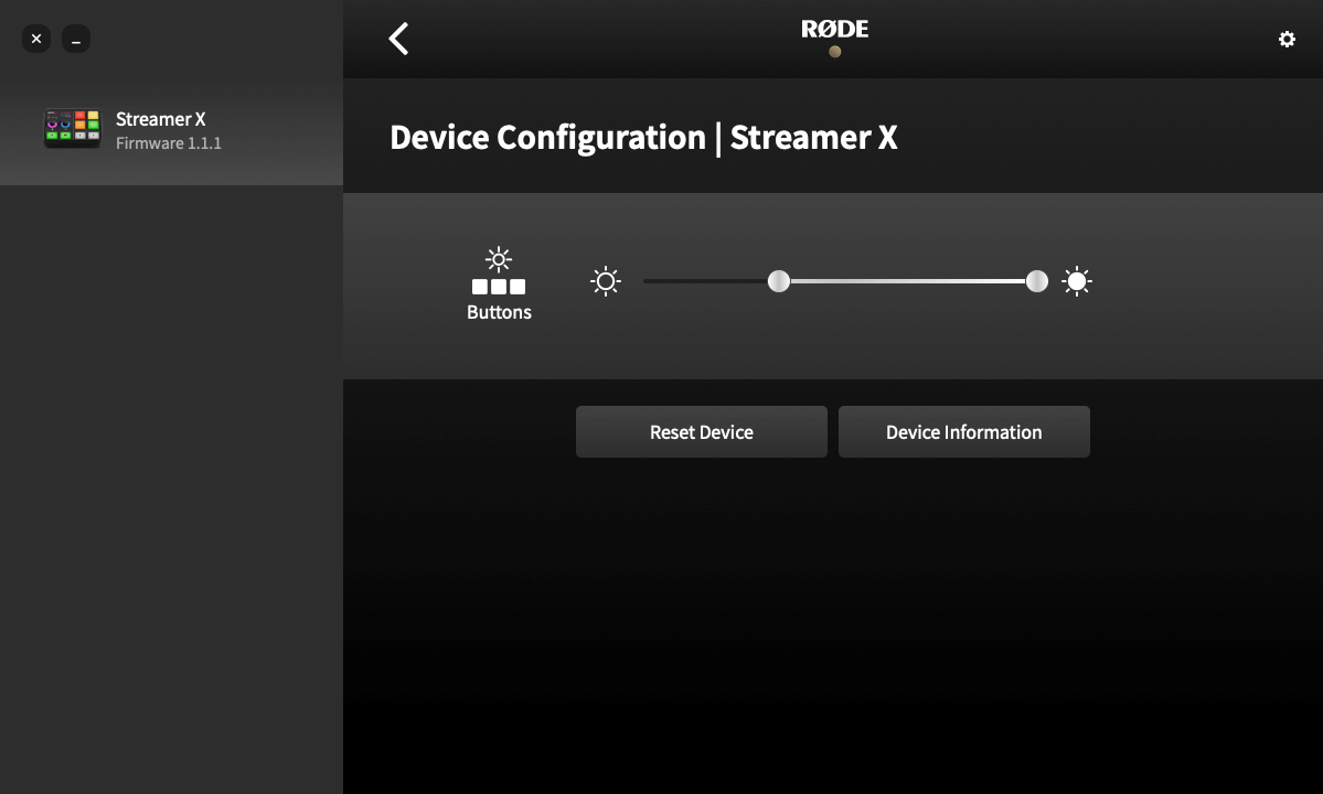 Button brightness adjustment for Streamer X on RØDE Central
