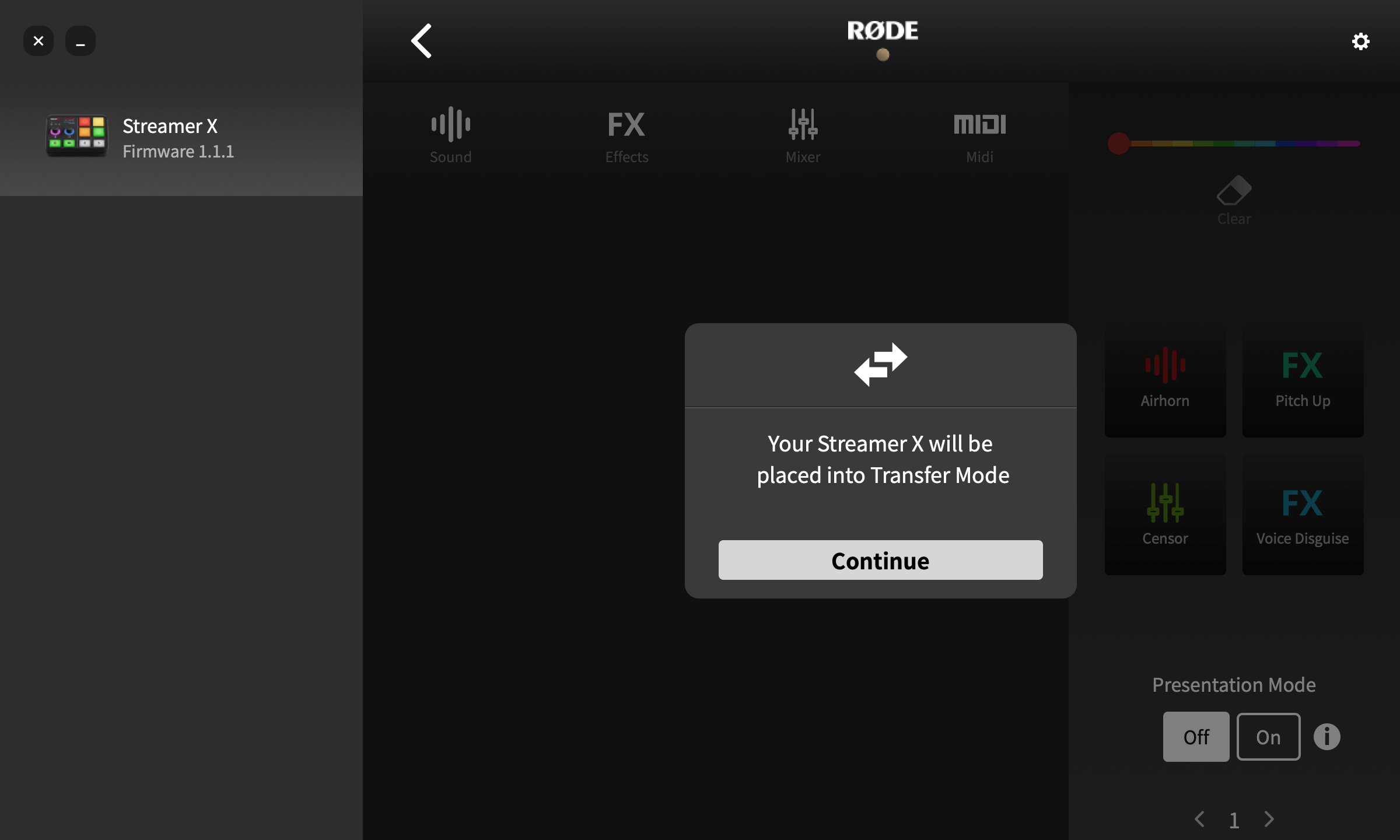 RØDE Central asking to place Streamer X in Transfer Mode