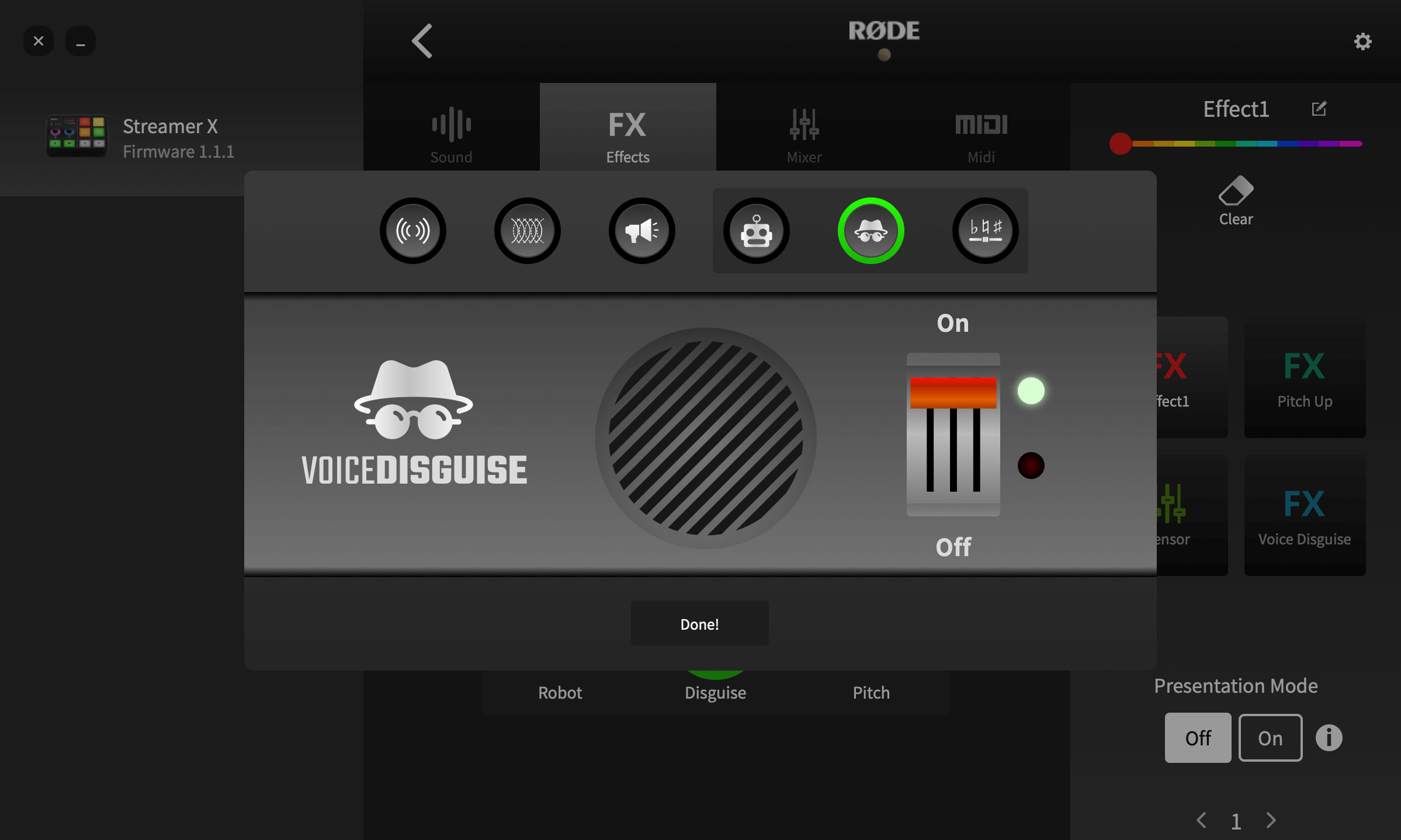 RØDE Central showing Streamer X voice disguise setting