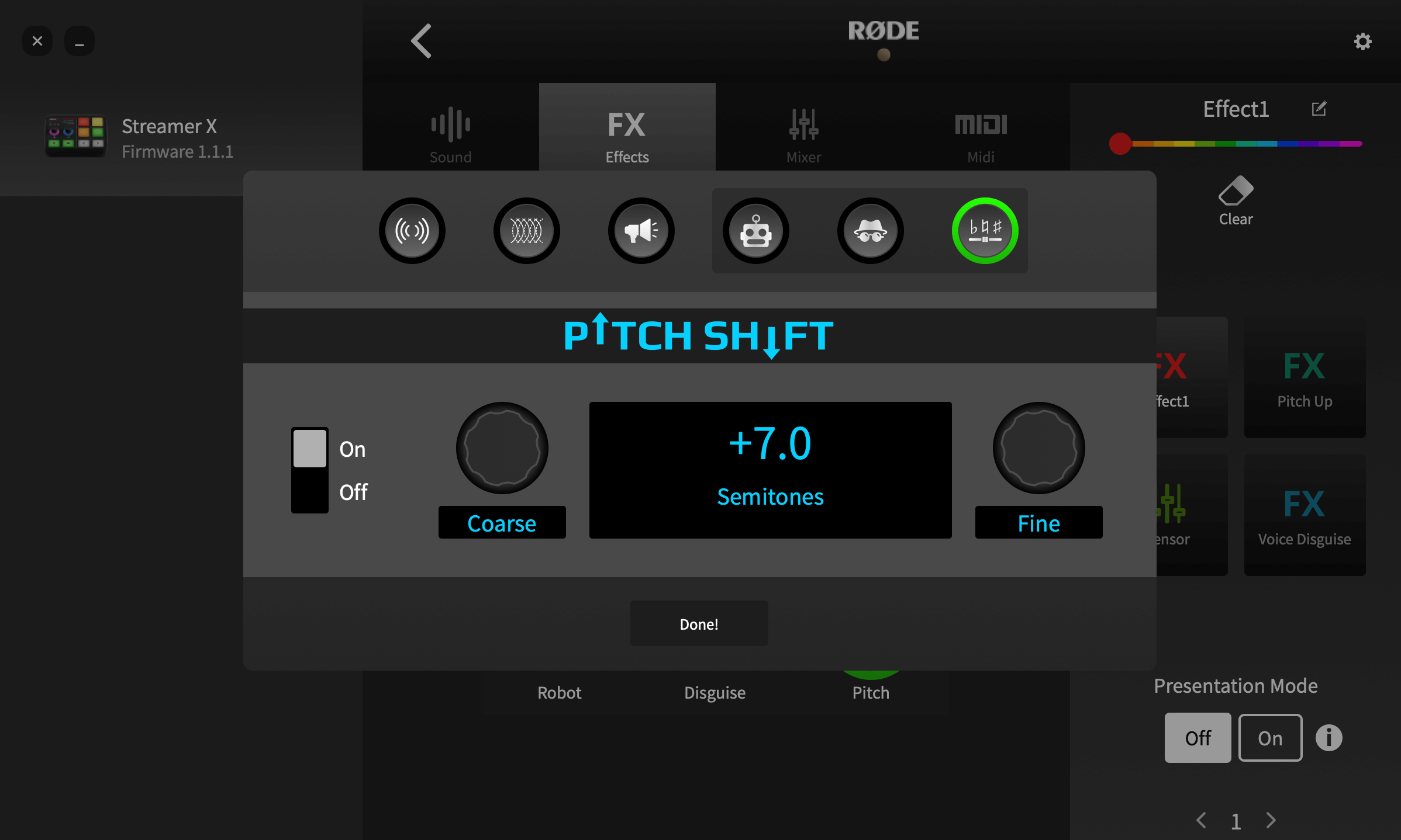 RØDE Central showing Streamer X pitch shift setting