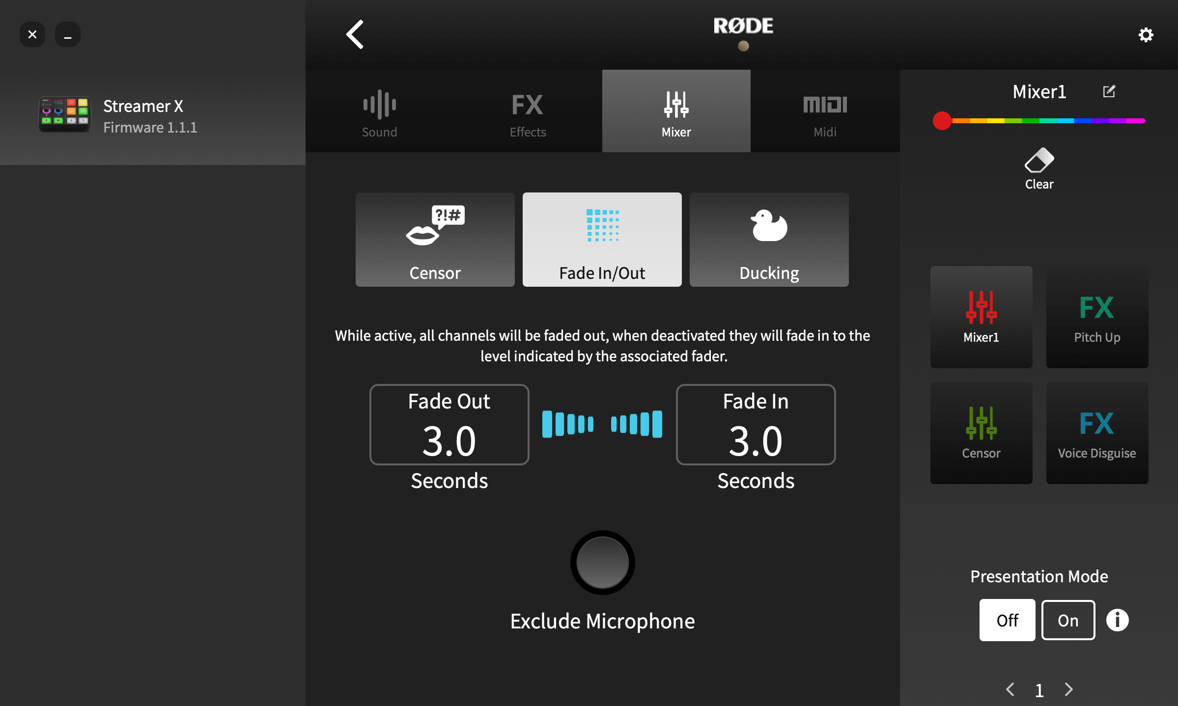 RØDE Central showing Streamer X fade in/out setting
