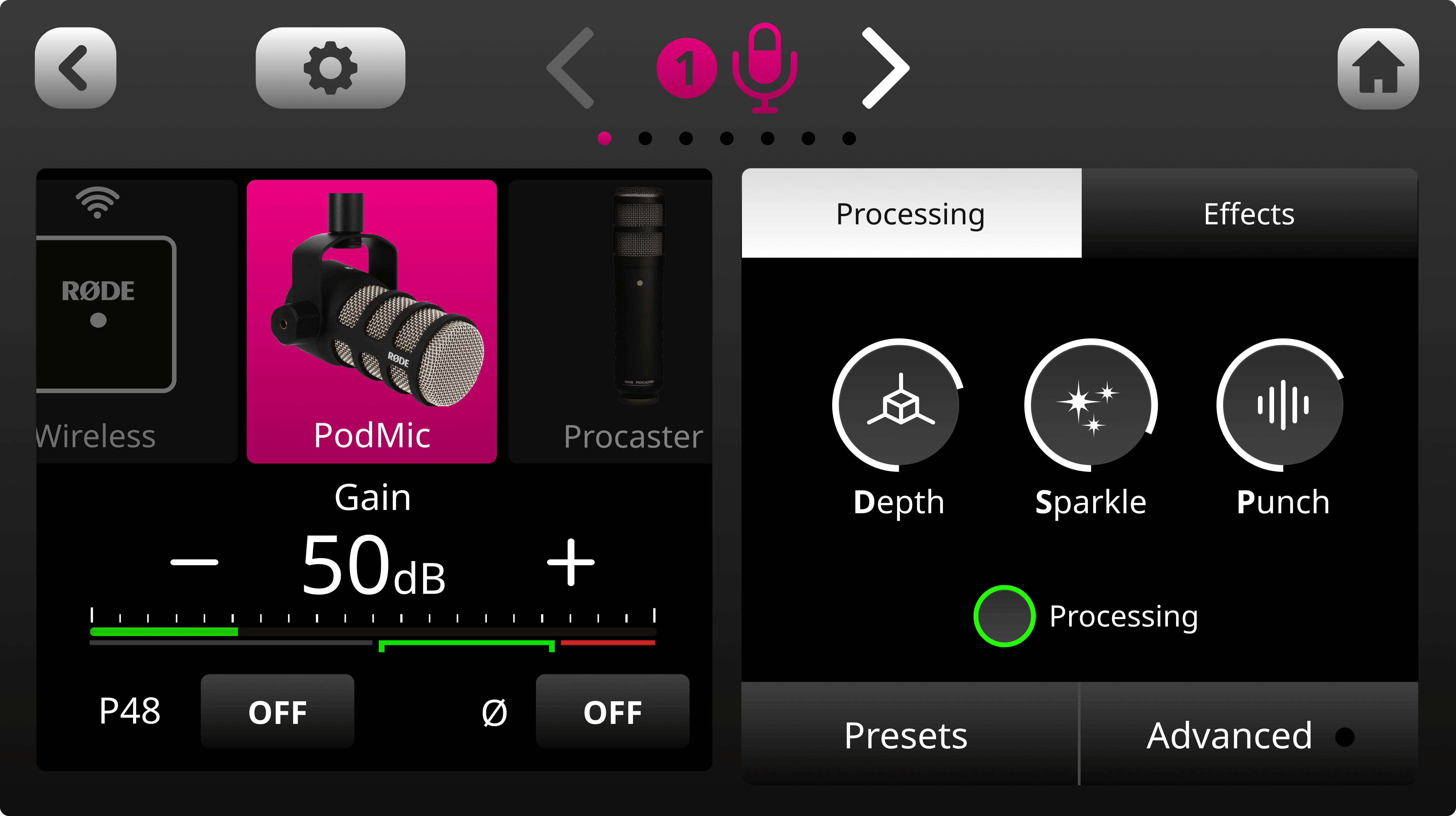RØDECaster Duo showing gain setting on PodMic