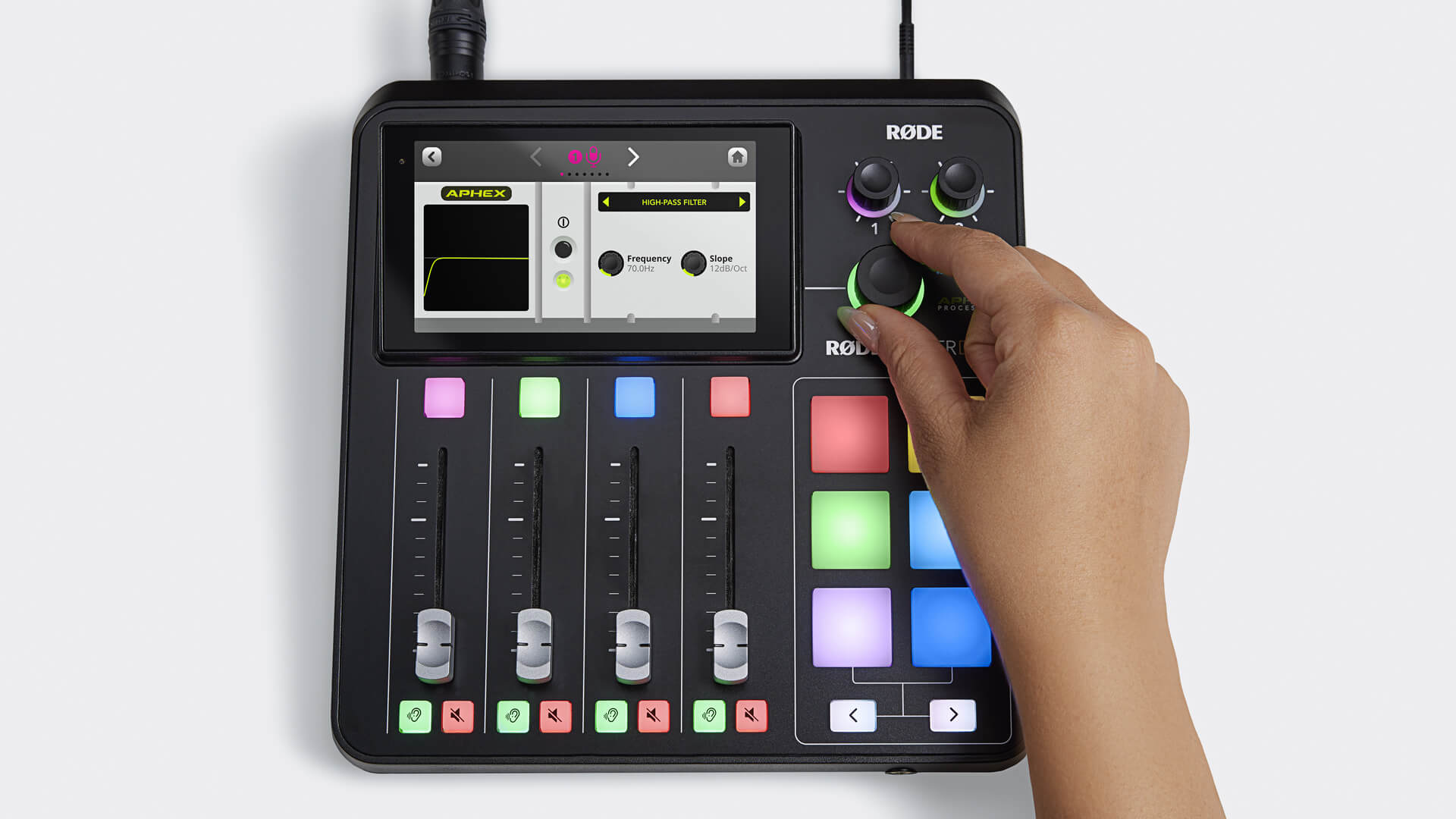Hand over RØDECaster Duo showing advanced processing editor