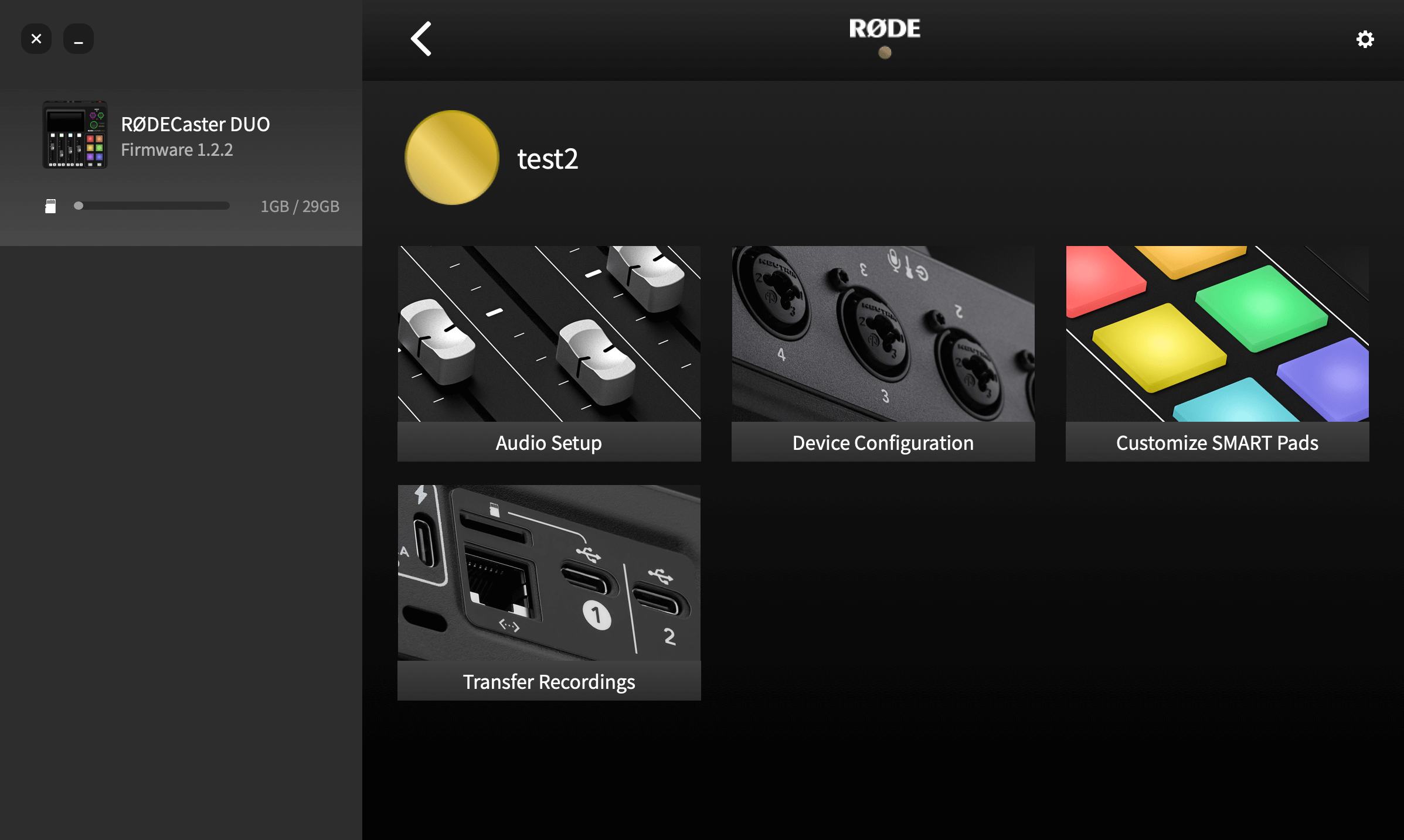 RØDECaster Duo connected to RØDE Central