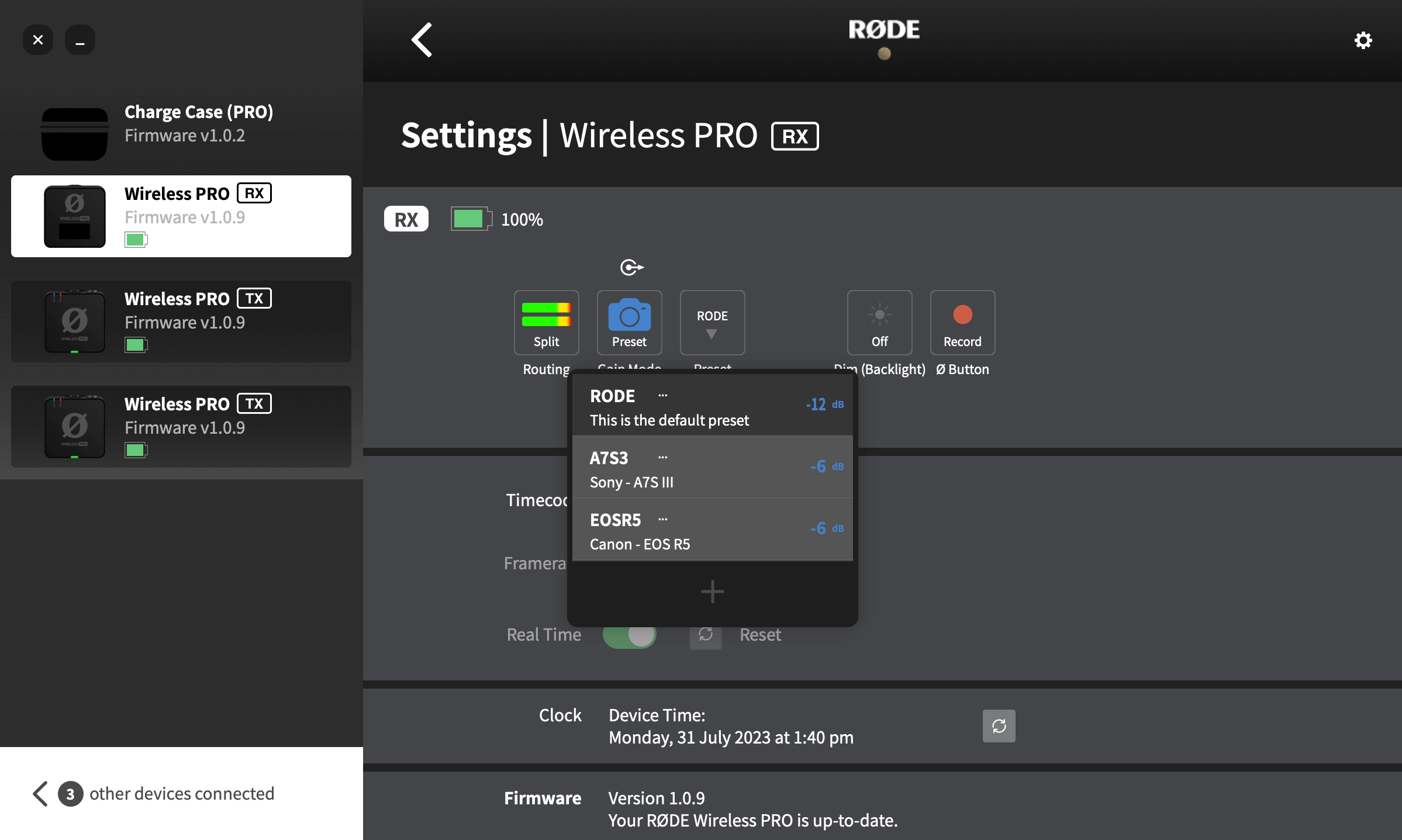 Camera presets in RØDE Central for Wireless PRO