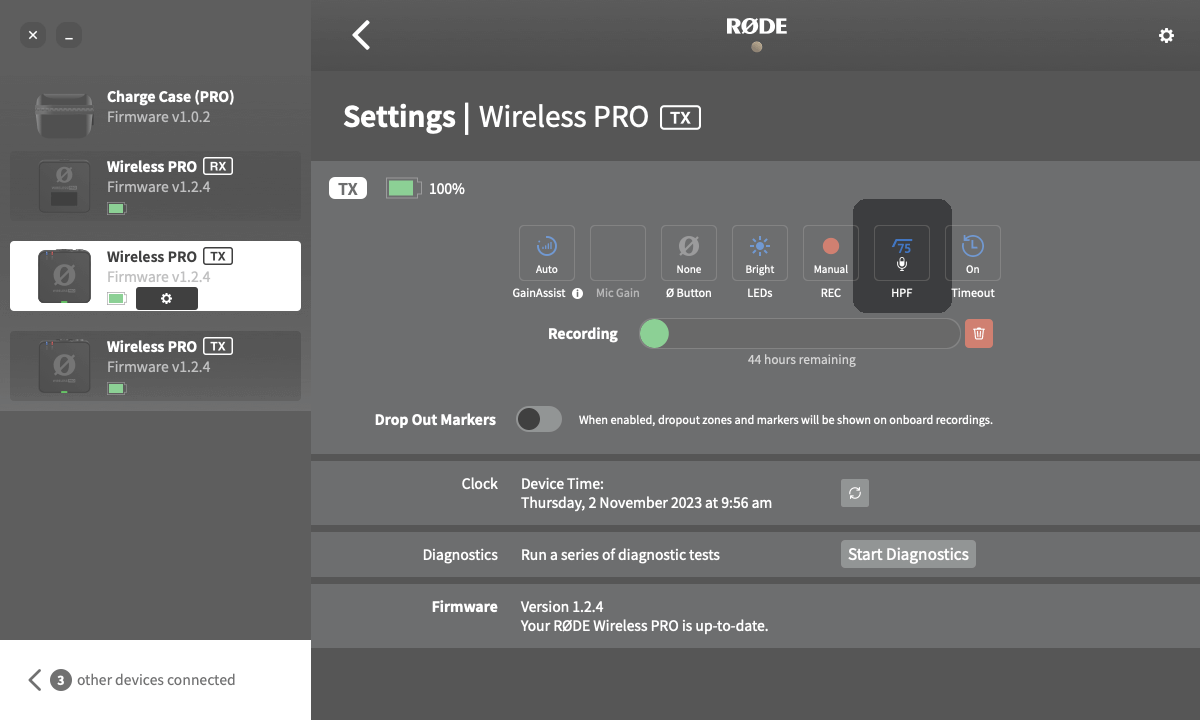 Wireless PRO High Pass Filter feature in RØDE Central