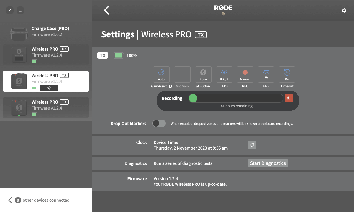 Wireless PRO delete recordings option in RØDE Central